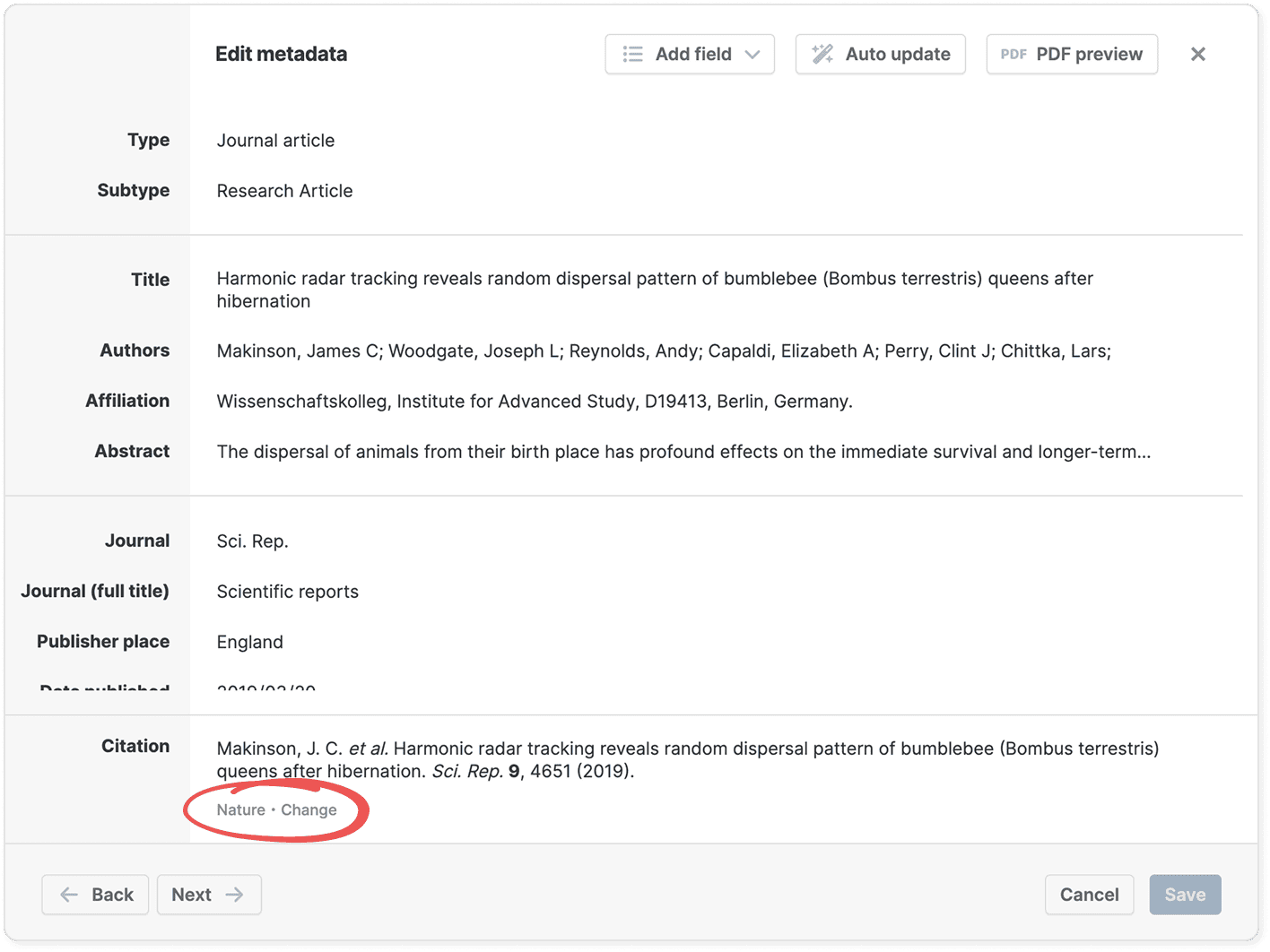 The “Edit metadata” dialog with a formatted Citation preview at the foot and a circled “Nature · Change” control beneath it for switching the citation style.